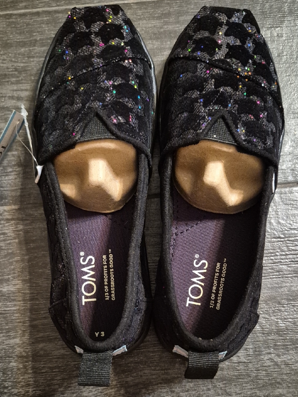 TOMS Black Glitter Crochet Slip-On Flats